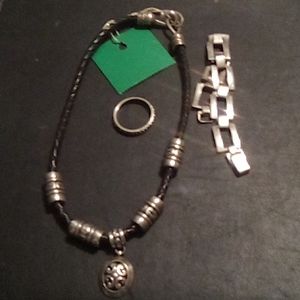 Black leather with silver necklace bracelet and 925 ring